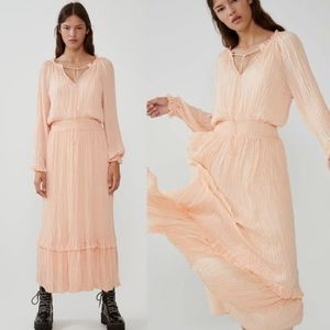 NWT Zara Voluminous Pleated Light Salmon Neck Tie Long Sleeve Midi Dress sz M